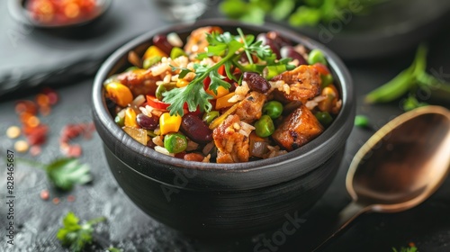 hot ready-to-eat food in a black ceramic cup. Spoon on side isolated on white Environmentally friendly friends