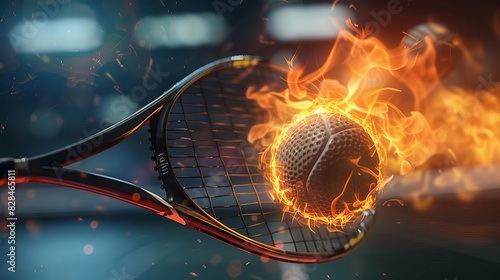 Olympic Paris 2024 Sport Focus a flying racquetball on fire in the center with blur racquetball stadium background