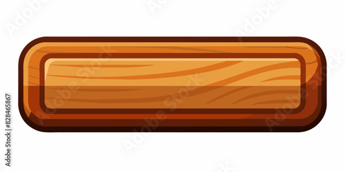 A rectangular wooden button with a brown frame set against a white background