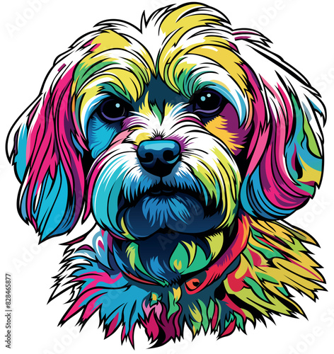 A Colorful Maltese Dog Portrait - Artistic Illustration or Textile Print Motif Isolated on White Background, Vector