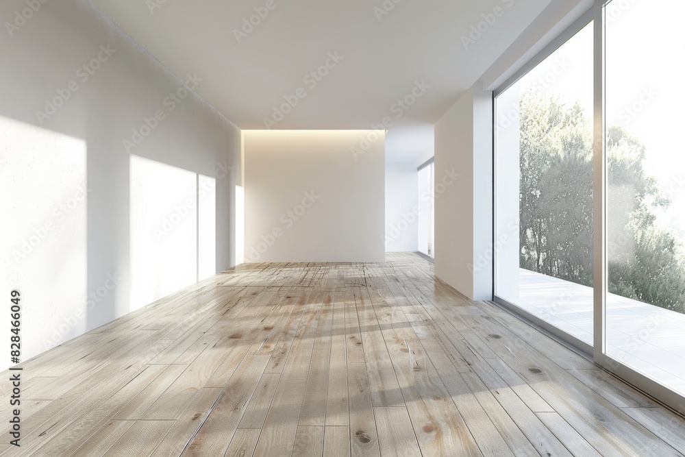 Obraz premium 3d rendering of modern empty room with wooden floor and large window on white background. 