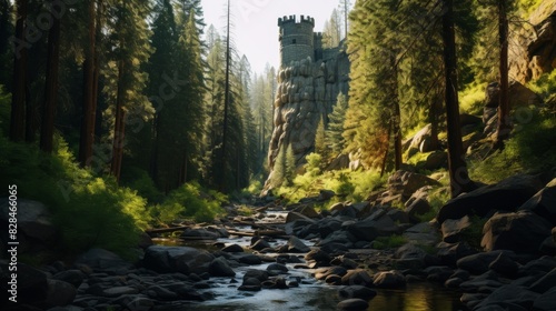 Mystical Fairy-Tale Castle Standing Tall In A Lush Forested Landscape. Generative AI