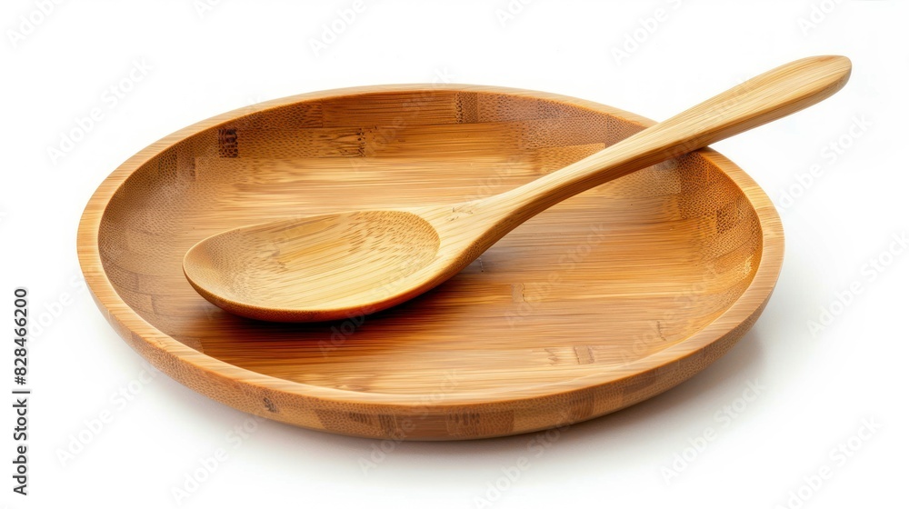 plate, spoon made of bamboo isolated on white Environmentally friendly friends plate, spoon made of bamboo isolated on white Environmentally friendly friends