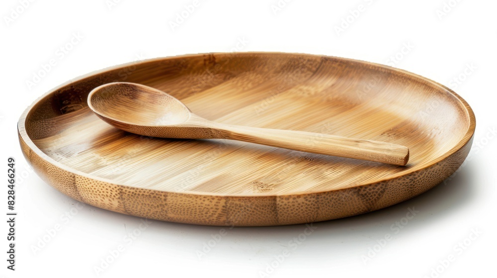 plate, spoon made of bamboo isolated on white Environmentally friendly friends plate, spoon made of bamboo isolated on white Environmentally friendly friends