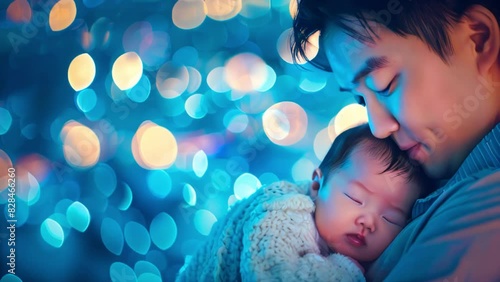 Asiatic Father gently cradling a sleeping newborn Asian baby wrapped in a blanket. Blue bokeh background. Oriental Father's day concept, Looped video	 photo