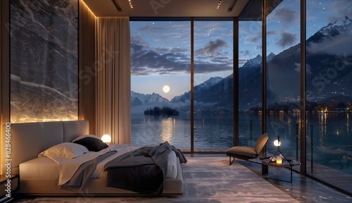 Luxury hotel suite overlooking a moonlit mountain lake, floor-to-ceiling windows capturing the serene vista