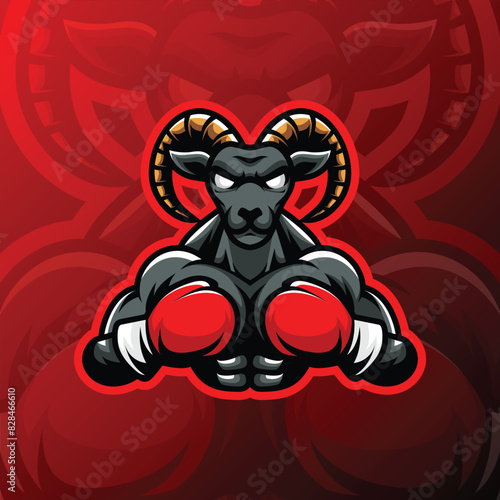 goat wearing boxing gloves and red background