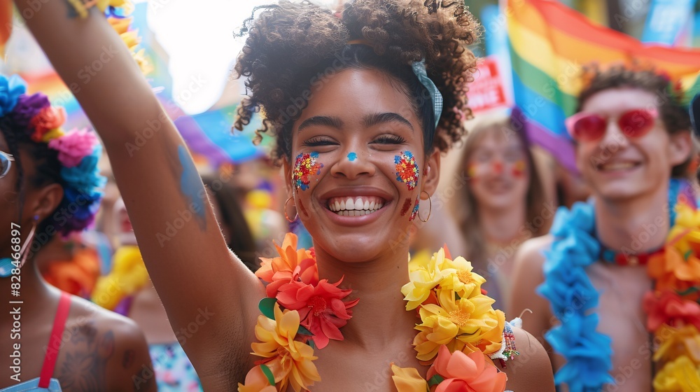 A group of people at a pride parade, holding up signs and flags, celebrating diversity and inclusion A group of people at a pride parade, holding up signs and flags, celebrating diversity and inclusion