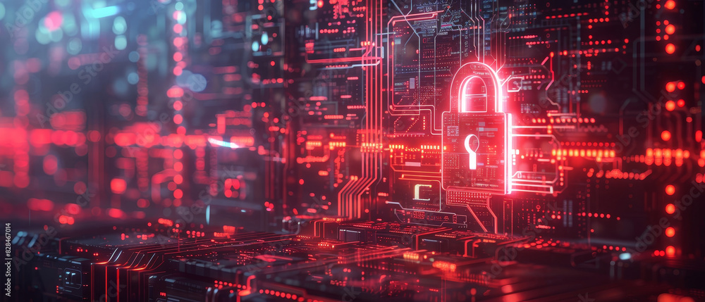 Hightech padlock icon on a virtual interface, representing data security and encryption Hightech padlock icon on a virtual interface, representing data security and encryption