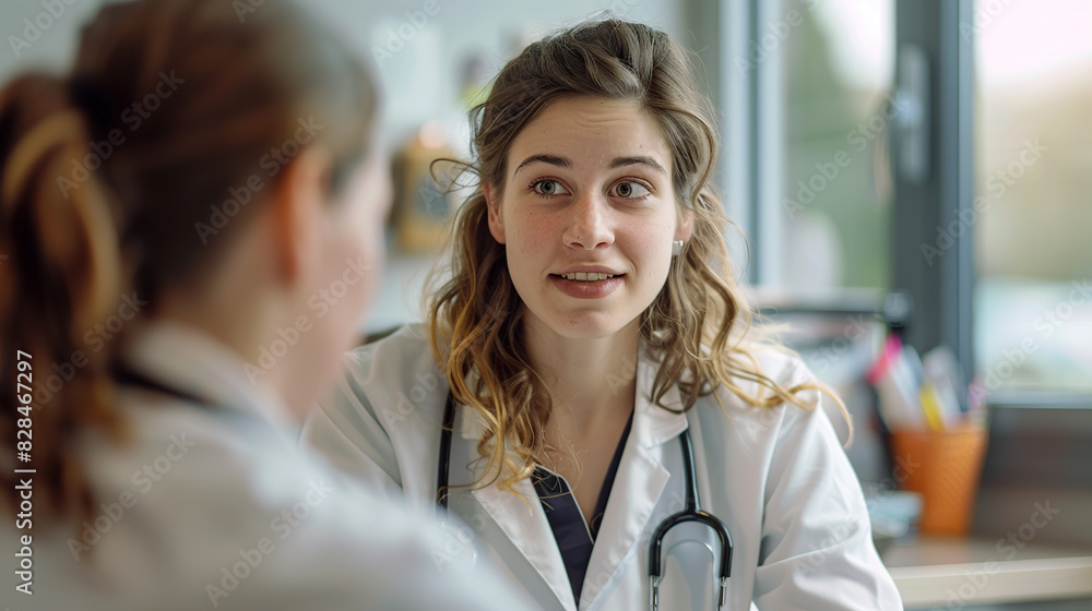 In the doctor's office, a woman doctor is talking face to face with a patient In the doctor's office, a woman doctor is talking face to face with a patient