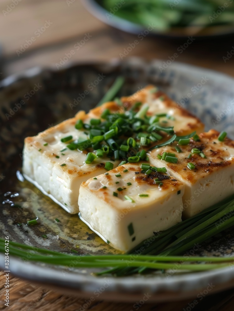Fresh Tofu Gift Box with Scallions on a Plate Generative AI Fresh Tofu Gift Box with Scallions on a Plate Generative AI