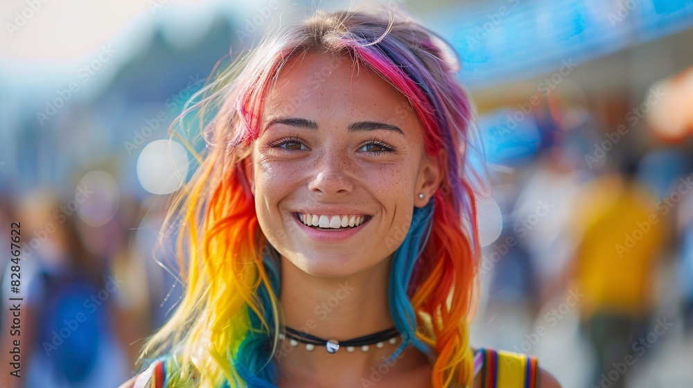 A person with rainbow-colored hair, smiling confidently, embodying pride and individuality A person with rainbow-colored hair, smiling confidently, embodying pride and individuality