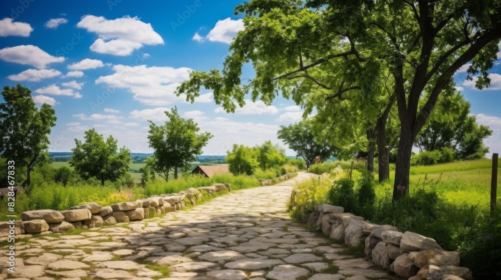 Rustic Stone Walkway Leading Through Peaceful Rural Landscape. Generative AI