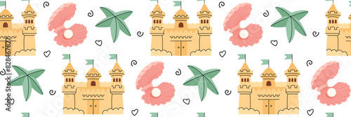 Beach life pattern. Cute summer background with sand castle, seashells, starfish and doodle elements. Suitable for textile design, packaging, wallpaper, brands. Vector flat illustration.