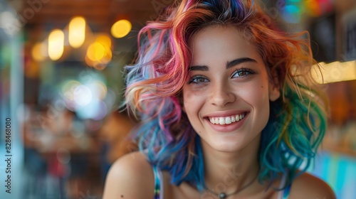 A person with rainbow-colored hair, smiling confidently, embodying pride and individuality