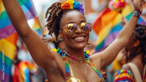 A pride parade with participants in colorful outfits, holding hands and waving flags, showcasing community and togetherness