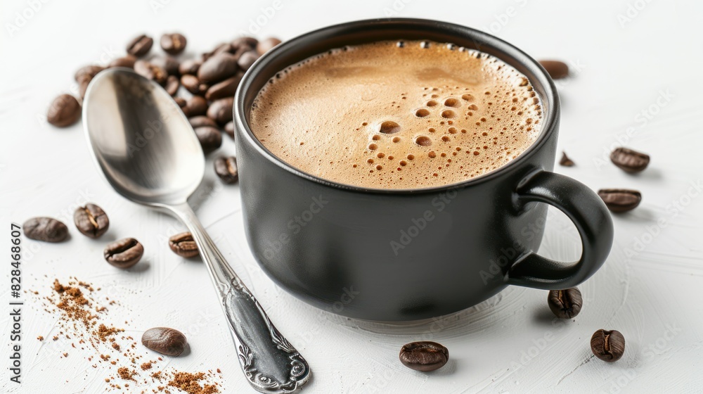 cappuccino coffee in a black ceramic cup with spoon and coffee beans. On the side, isolated on white Environmentally friendly friends cappuccino coffee in a black ceramic cup with spoon and coffee beans. On the side, isolated on white Environmentally friendly friends