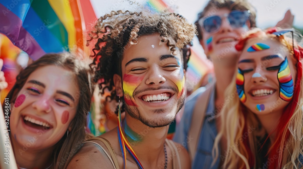 A group of friends with rainbow flags and face paint, celebrating at a pride parade A group of friends with rainbow flags and face paint, celebrating at a pride parade