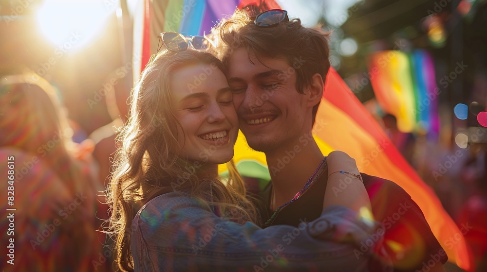 A joyful couple at a pride event, embracing and smiling, with a rainbow flag in the background A joyful couple at a pride event, embracing and smiling, with a rainbow flag in the background