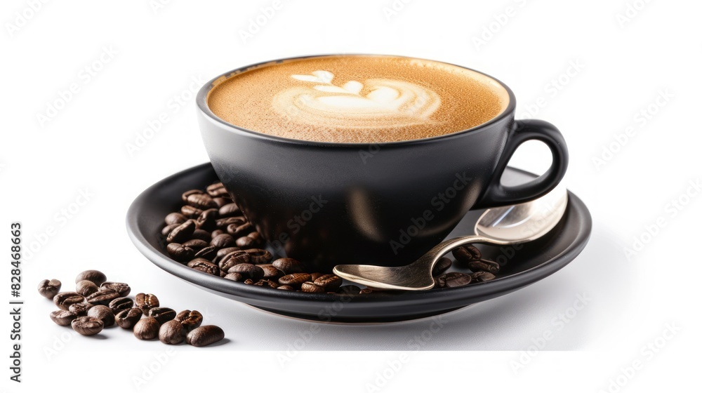 cappuccino coffee in a black ceramic cup with spoon and coffee beans. On the side, isolated on white Environmentally friendly friends cappuccino coffee in a black ceramic cup with spoon and coffee beans. On the side, isolated on white Environmentally friendly friends