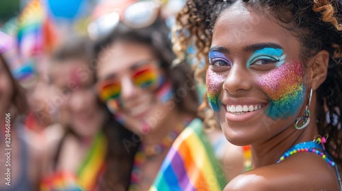 A group of friends with rainbow flags and face paint, celebrating at a pride parade