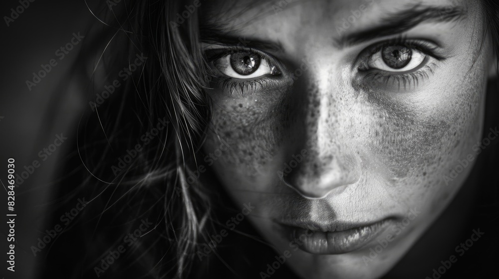 Intense Black and White Portrait: Emotional Close-up of a Person with Expressive Features Intense Black and White Portrait: Emotional Close-up of a Person with Expressive Features