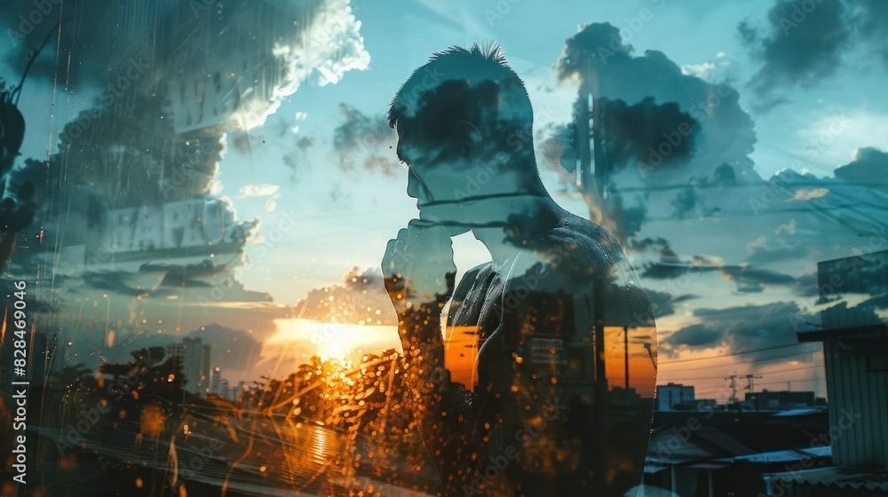 Double exposure, Muay Thai movie poster, silhouette, negative space, rooftop wide angle lens Double exposure, Muay Thai movie poster, silhouette, negative space, rooftop wide angle lens