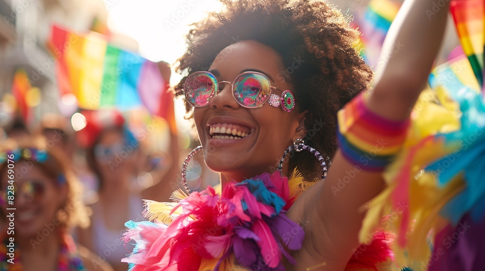 A pride parade with participants in colorful outfits, holding hands and waving flags, showcasing community and togetherness A pride parade with participants in colorful outfits, holding hands and waving flags, showcasing community and togetherness