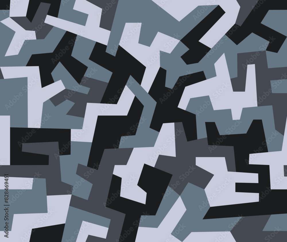 Geometric camouflage seamless pattern. Abstract modern urban camo, black and gray modern military texture background. Vector illustration Geometric camouflage seamless pattern. Abstract modern urban camo, black and gray modern military texture background. Vector illustration