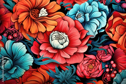 Wallpaper Mural Vibrant Floral Elegance: Colorful Illustrated Patterns with Intricate Details Torontodigital.ca