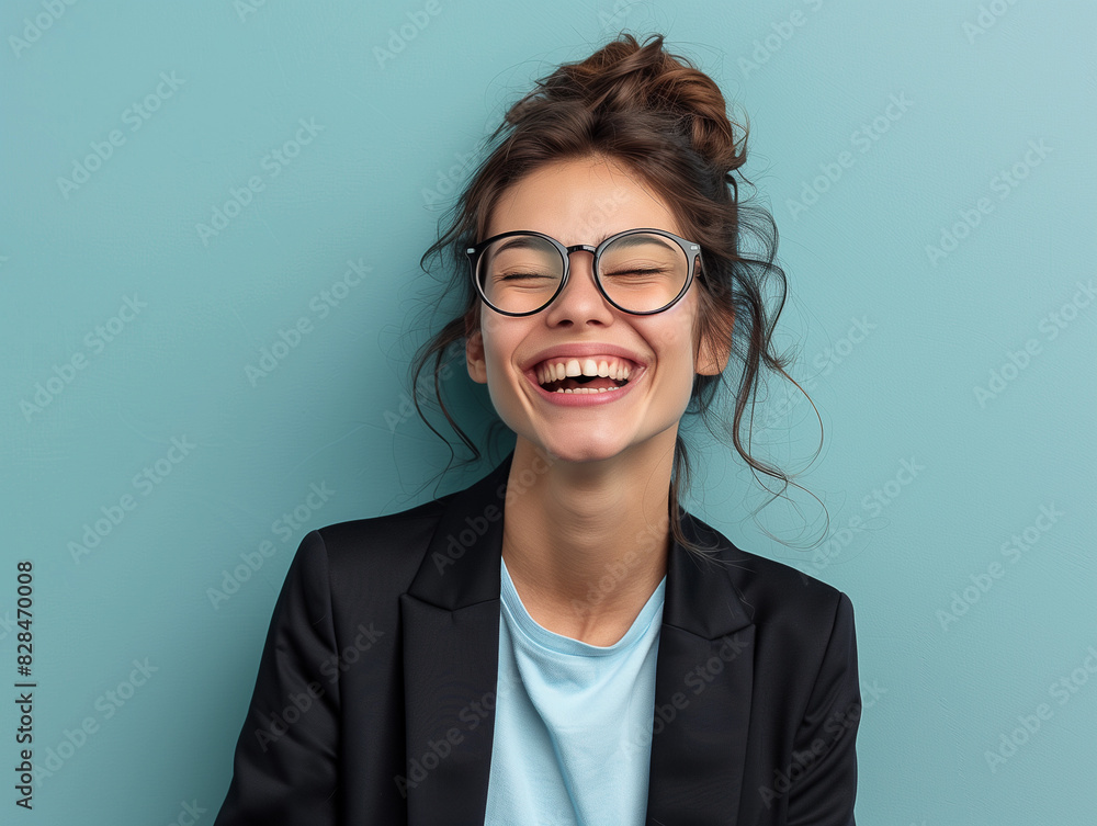 Junge Geschäftsfrau mit Brille lächelt an ihren Arbeitsplatz in die Kamera. Busineesfoto einer erfolgreichen und symphatischen Frau Junge Geschäftsfrau mit Brille lächelt an ihren Arbeitsplatz in die Kamera. Busineesfoto einer erfolgreichen und symphatischen Frau