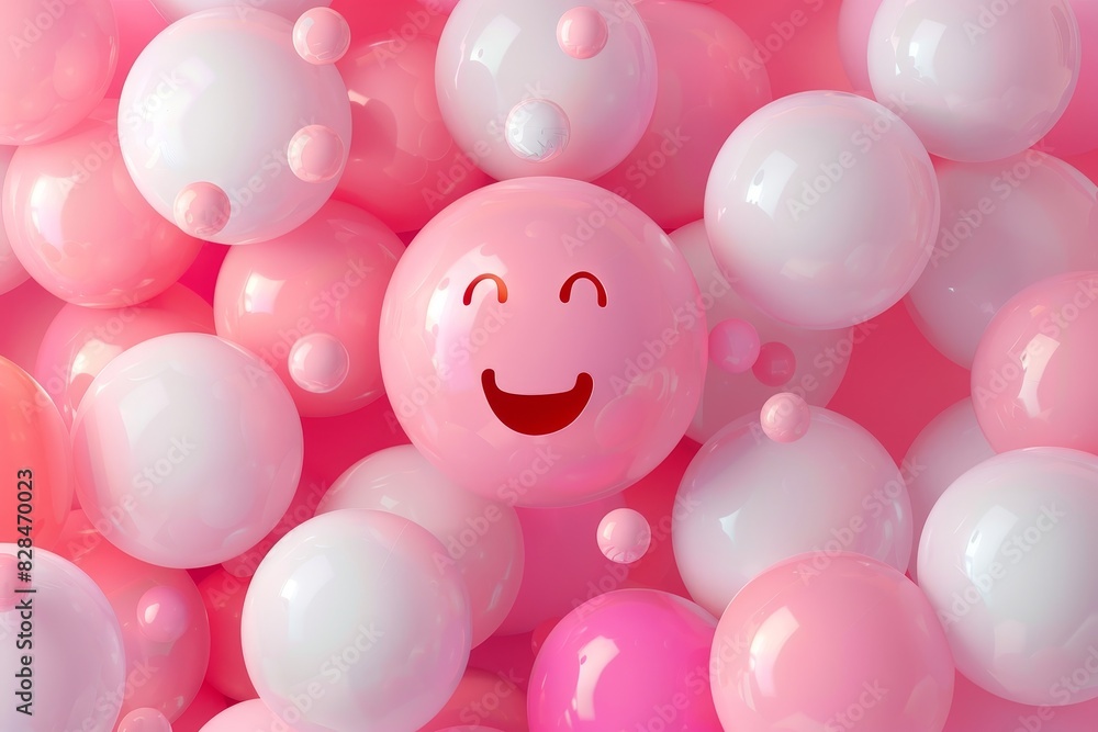 A bunch of pink and white balloons with a smiling face in the middle A bunch of pink and white balloons with a smiling face in the middle