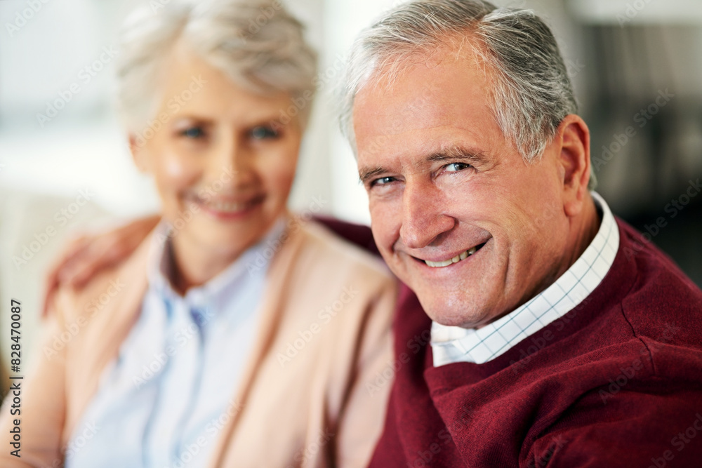 Senior couple, portrait and hug in home with love, marriage and romance for man and woman in living room. Sofa, calm and support or solidarity for relationship, retirement and trust for happy people Senior couple, portrait and hug in home with love, marriage and romance for man and woman in living room. Sofa, calm and support or solidarity for relationship, retirement and trust for happy people