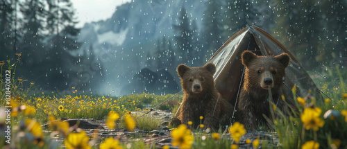 Two cute animals in a tent during rain, mountain scenery, lush grass and flowers, surrealistic colors, detailed gloss photo