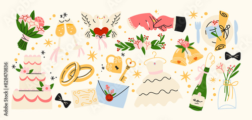 Cartoon wedding stickers. Marriage proposals, wedding decorations, engagement rings, romantic patches, gifts, bouquets and invitation cards. Set of trendy shapes in retro doodle style of the 90s