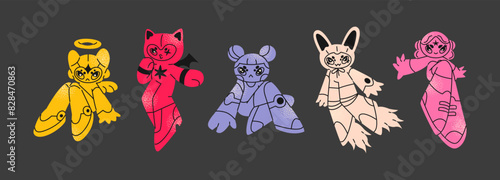 Y2k cartoon mascots girls characters in the retro 2000s style. Cyber ​​Girls robots with stars for 90s design. Collection vector doodle futuristic objects	