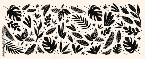 Stickers exotic tropical leaves, jungle plants, palm trees, monstera leaves and flowers. Set of vector leaves in cartoon retro style