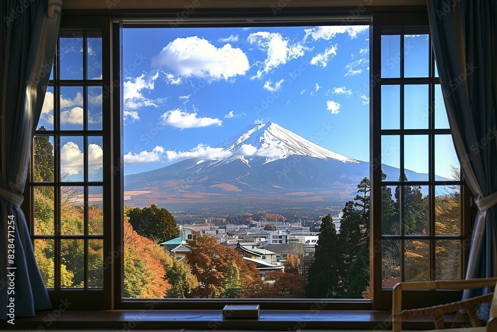 Fototapeta premium View of mount Fuji In Japan from a Japanese hotel window