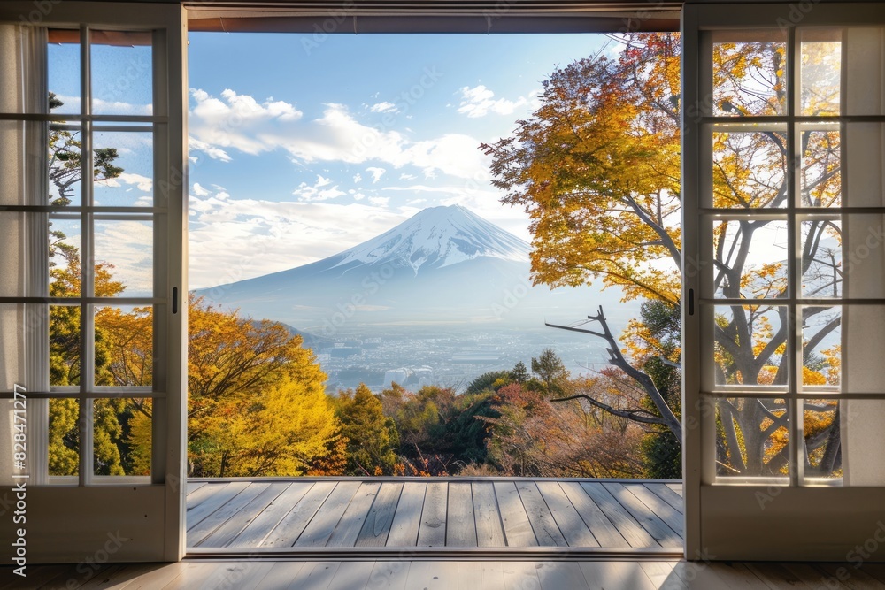 View of mount Fuji In Japan from a Japanese hotel window View of mount Fuji In Japan from a Japanese hotel window