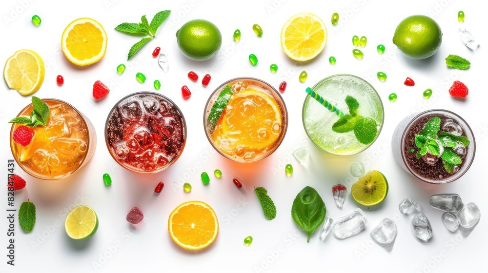White background, soft drinks isolated on white. Top view. White background, soft drinks isolated on white. Top view.