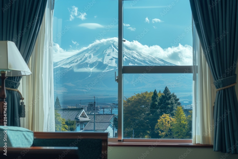 Fototapeta premium View of mount Fuji In Japan from a Japanese hotel window