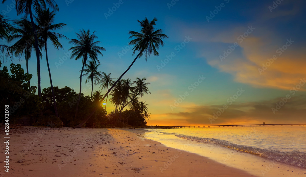 Fototapeta premium Banner Summer with colorful theme as palm trees with water wave background