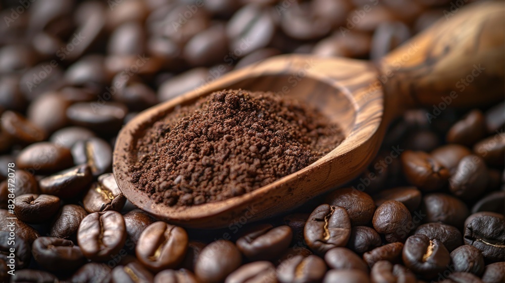 Fototapeta premium Fresh coffee beans and powder scoop