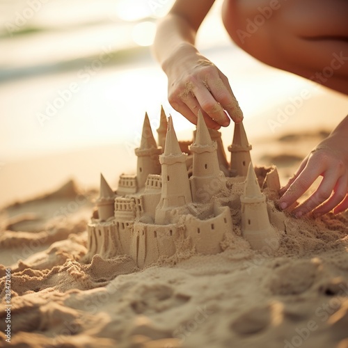 Joyful Child Building a Sandcastle with Tiny Hands on the Beach