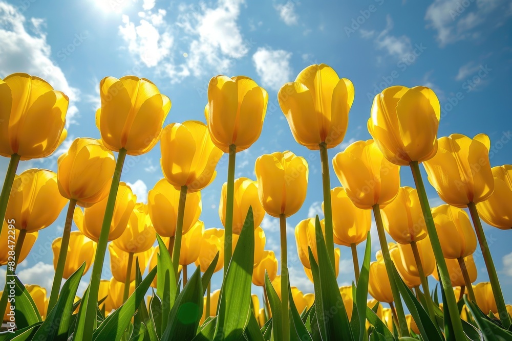 Obraz premium Field of yellow tulips against blue sky