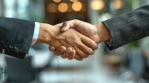 Two professional businessmen in suits are shaking hands in a modern conference room, symbolizing a successful business deal or partnership.