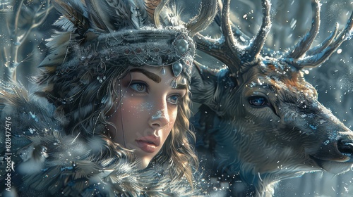 Stunning digital art of a woman with deer, detailed fur, and antlers, creating a serene and natural scene. © ChimE