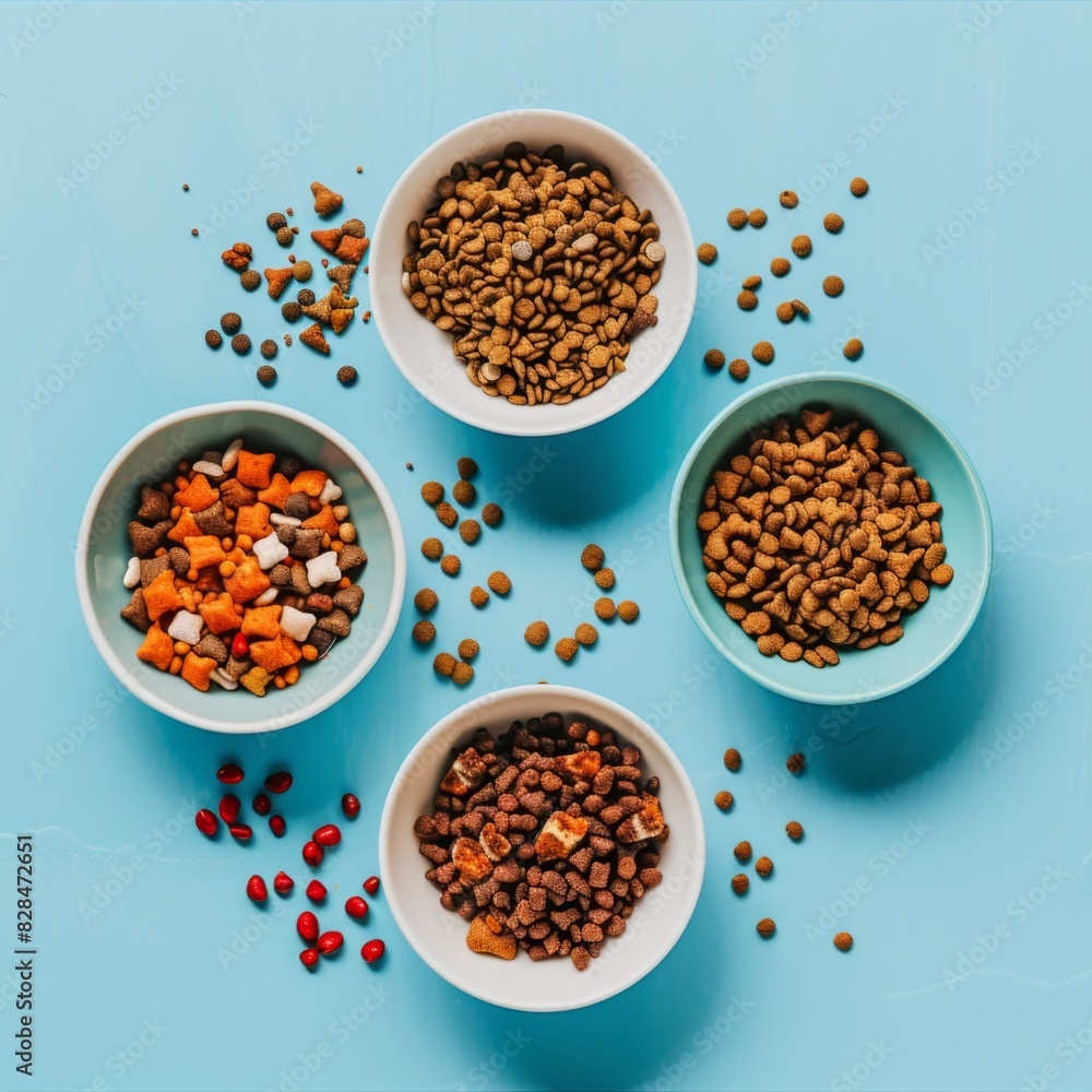 Dry Pet Food Set, Cat Diet, Puppy Food Brown Pieces, Dog Meal in Bowls, Pet Dinner Crackers Dry Pet Food Set, Cat Diet, Puppy Food Brown Pieces, Dog Meal in Bowls, Pet Dinner Crackers