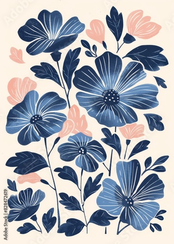 A blue and pink flowery design with a blue background