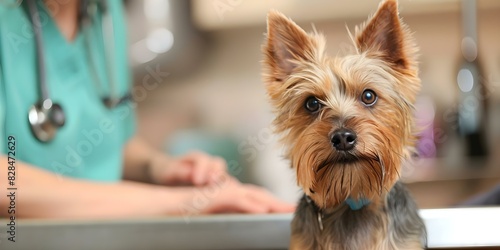 Veterinary examination of a Yorkshire Terrier in a clinic. Concept Yorkshire Terrier, Veterinary Examination, Clinic Visits, Pet Health, Animal Care photo